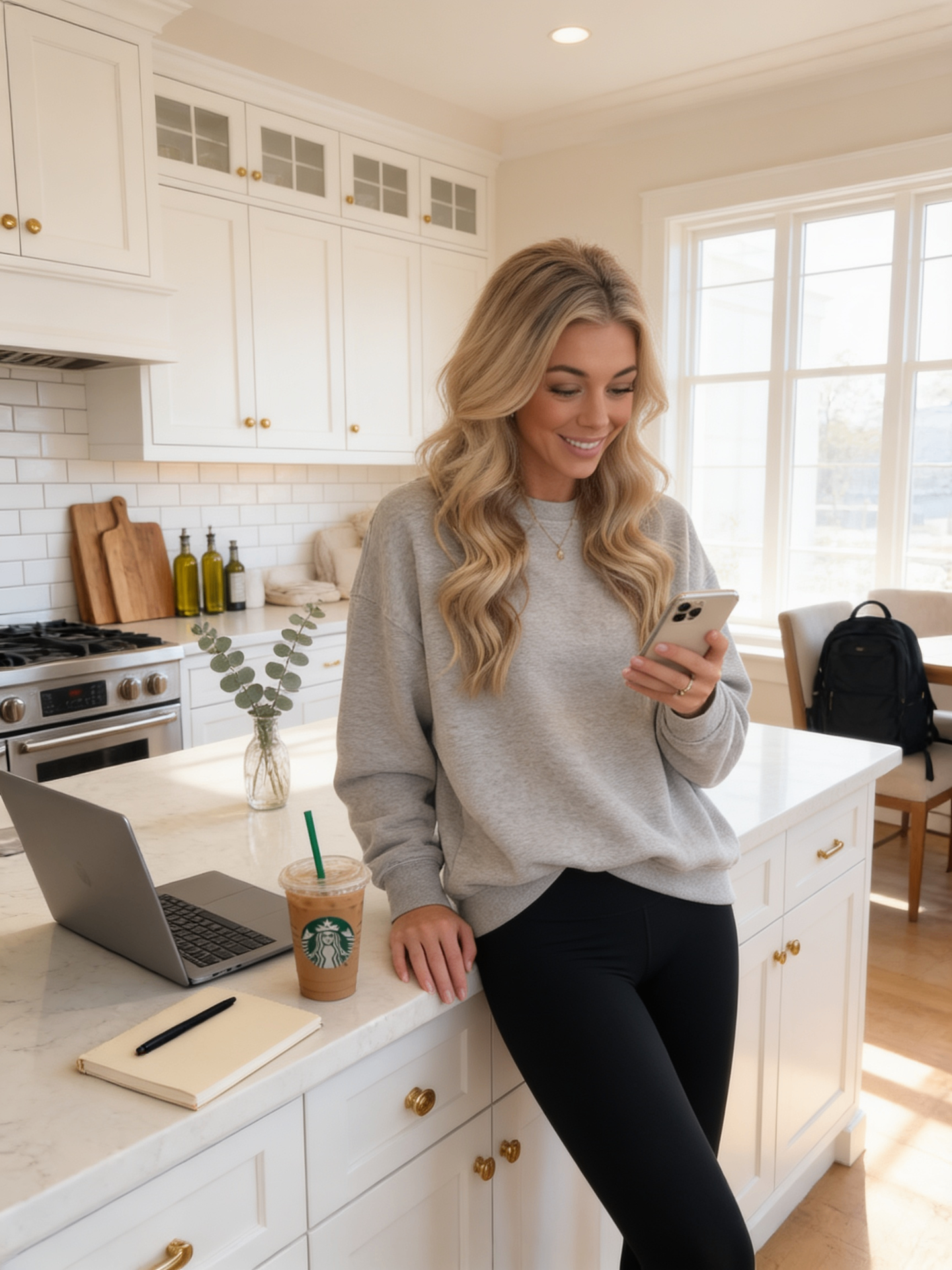 Kourtney working from her kitchen with her phone and laptop