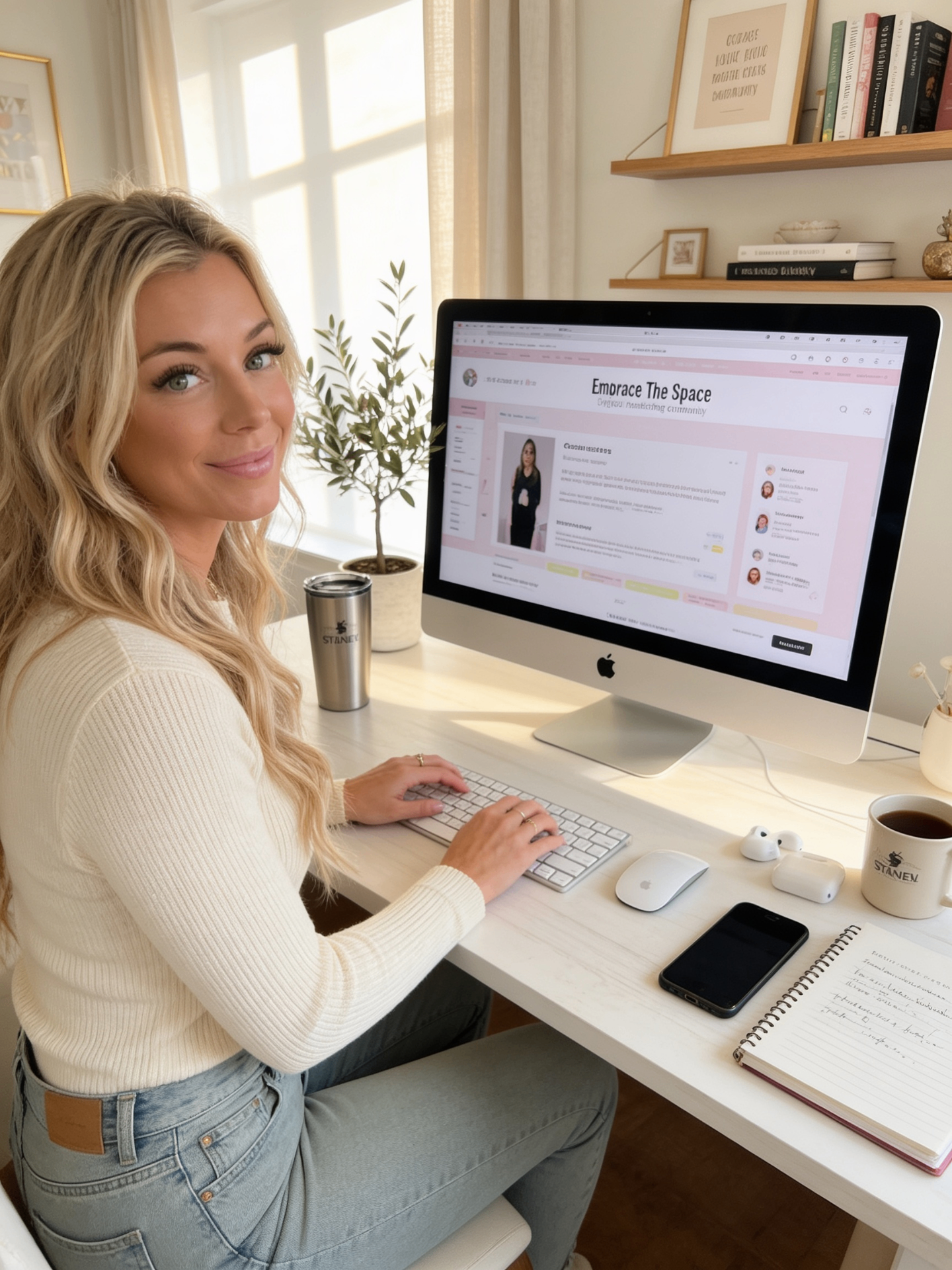 Kourtney working at her desk with a laptop showing the ETS community