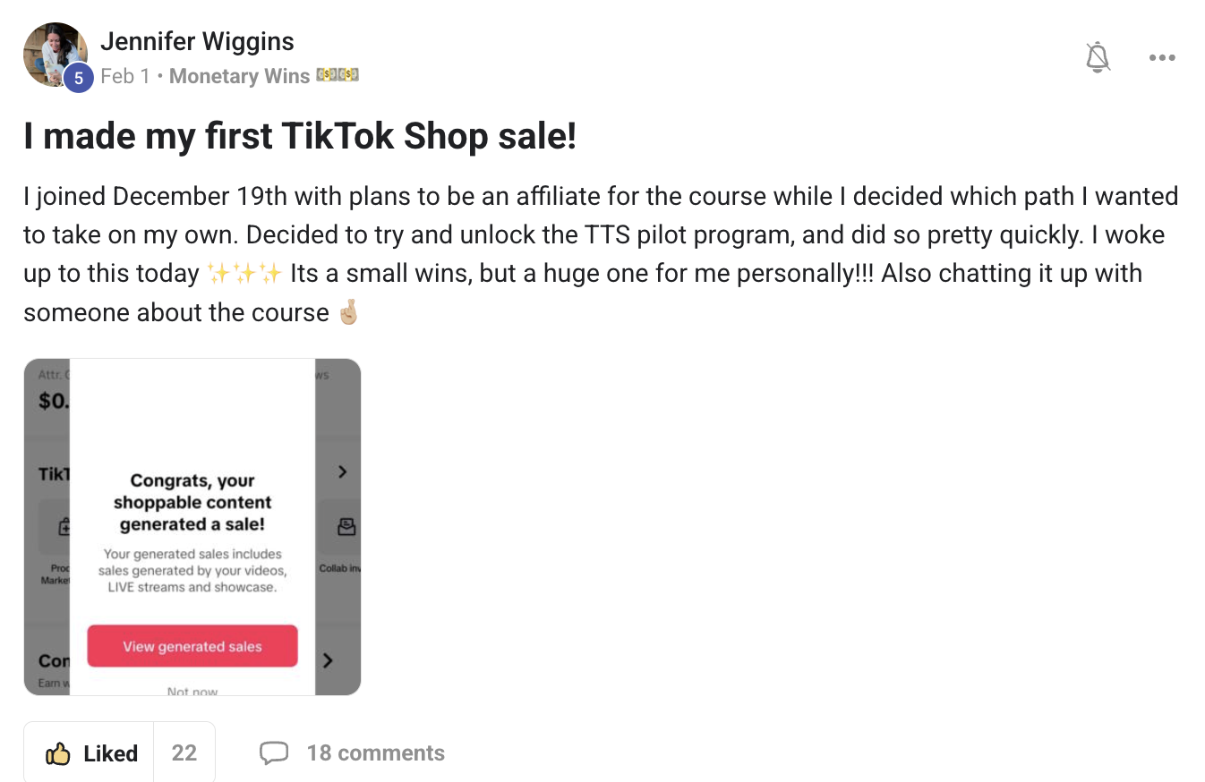Jennifer Wiggins — first TikTok Shop sale